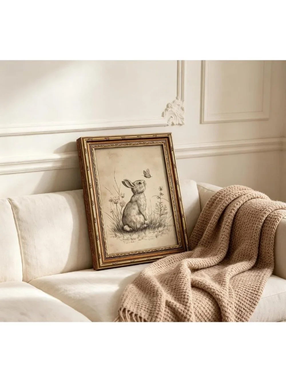 Vintage Gold Framed Bunny Wall Art | Easter Rabbit & Butterfly Canvas Print for